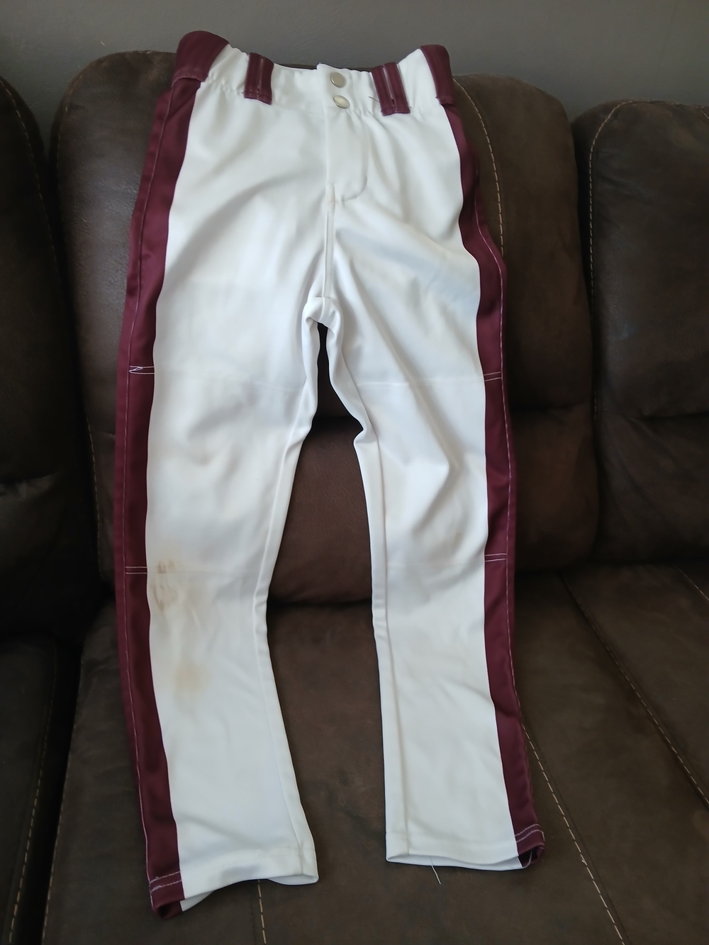 Youth White Stained Baseball Pants with Maroon Side Stripes